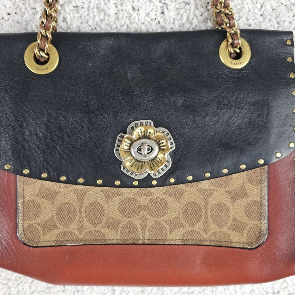 Coach Parker 1941 Rivets Chain Bag Signature Canvas Leather Genuine Snakeskin‎
